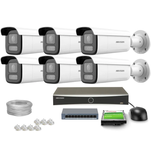 Zestaw do monitoringu składający się z sześciu kamer Hikvision, rejestratora, dysku twardego, kabla oraz złączy sieciowych. Kamery mają cylindryczny kształt i są przeznaczone do montażu na ścianie.