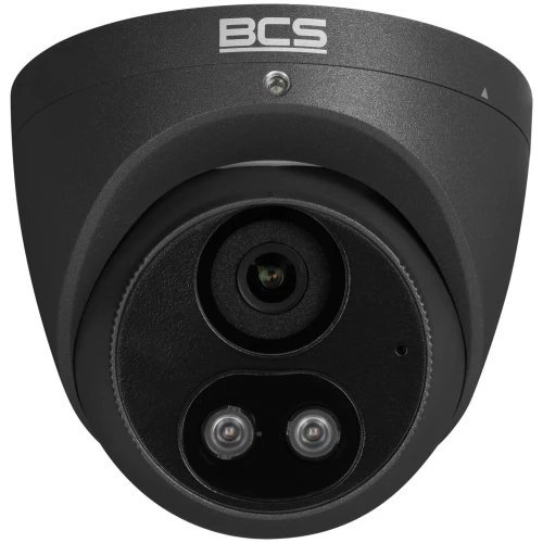 Czarna kamera monitoringu marki BCS z dwoma obiektywami i logo na górze. Kamera ma nowoczesny design i jest przeznaczona do systemów bezpieczeństwa.