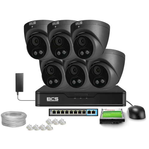Zestaw do monitoringu IP 6x BCS-P-EIP28FSR3L2-AI2-G 8Mpx, WDR 120dB, Detekcja ludzi pojazdów, IR30m