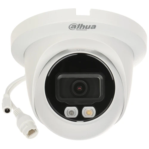 Biała kamera monitoringu IP Dahua z widocznym obiektywem i dwoma diodami LED na czarnym tle. Kamera posiada wyjścia kablowe do podłączenia zasilania i sieci.