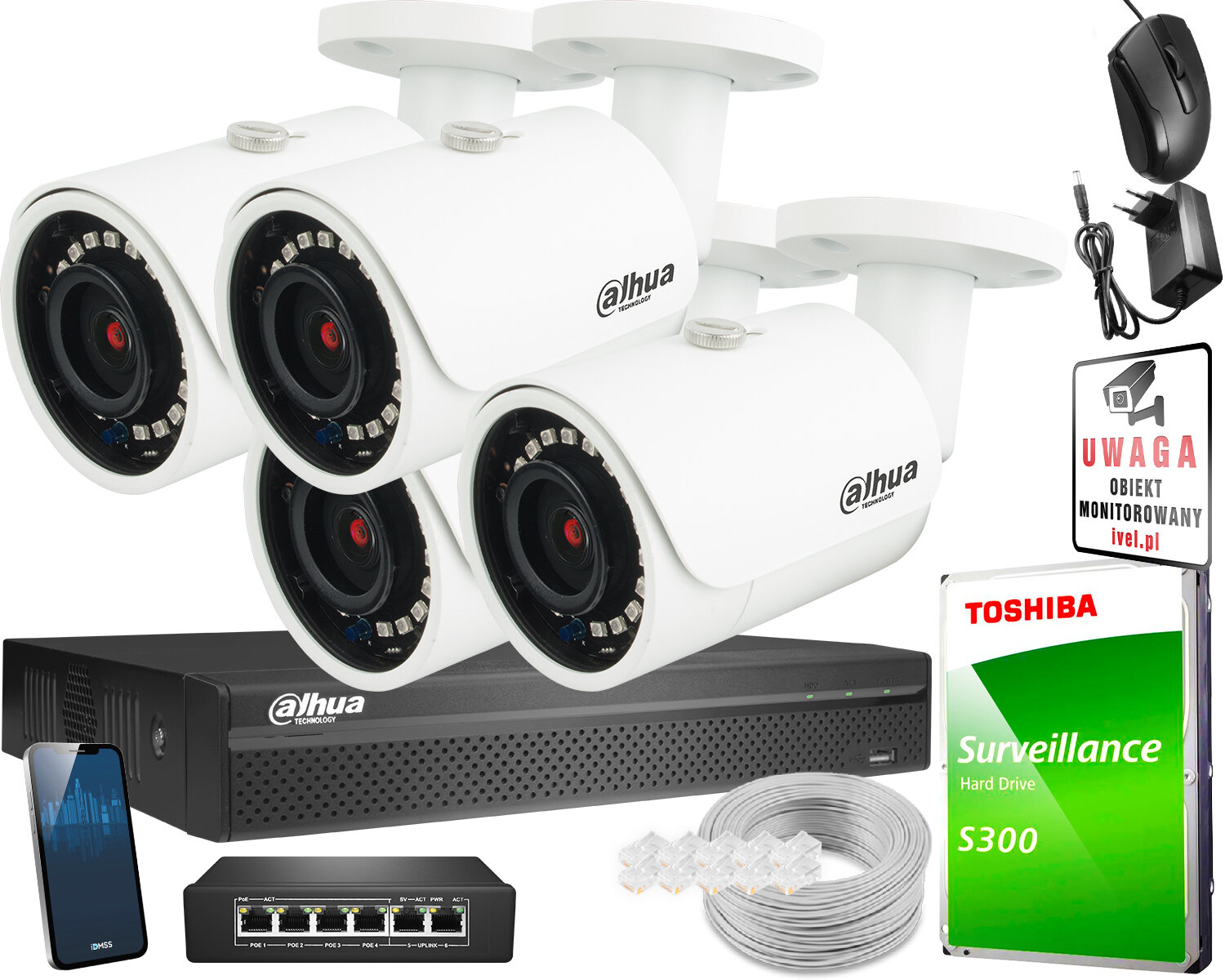 Zestaw do monitoringu IP DAHUA 4x kamera IPC-HFW1431S-0280B-S4, Rejestrator NVR4108HS-4KS2/L