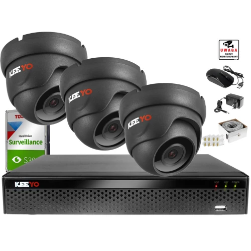 Zestaw do monitoringu IP KEEYO H265+ Full HD IR 25m 3 Kamerowy 1TB