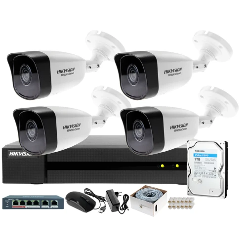 Zestaw do monitoringu IP sklepu, hurtowni, magazynu Hikvision Hiwatch Rejestrator IP HWN-4104MH + 4x Kamera HWI-B140H-M + Akcesoria