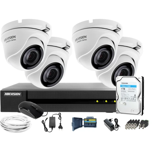 Zestaw do monitoringu z 4 kamerami do firmy, hurtowni Hikvision Hiwatch HWD-6104MH-G2, 4 x HWT-T120-M, 1TB, Akcesoria