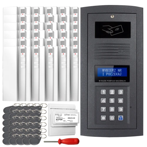 Zestaw domofonowy cyfrowy składający się z panelu z klawiaturą numeryczną, wyświetlaczem i czytnikiem kart zbliżeniowych, a także kilku breloków, modułu zasilającego i śrubokręta. W tle widoczne są białe słuchawki domofonowe.