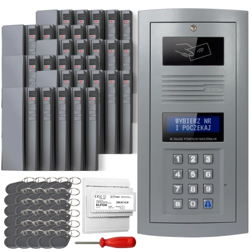 Zestaw domofonowy cyfrowy składający się z panelu z klawiaturą numeryczną, wyświetlaczem oraz czytnikiem kart zbliżeniowych, a także kilkunastu breloków, modułu zasilającego i śrubokręta. Panel domofonu jest w kolorze szarym z wyraźnym napisem na wyświetlaczu.