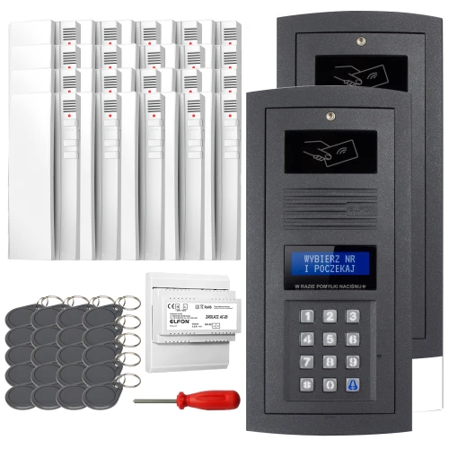 Zestaw domofonowy cyfrowy składający się z panelu z klawiaturą numeryczną, wyświetlaczem oraz zestawem breloków RFID. W tle widoczne są białe unifony, moduł zasilający oraz czerwony śrubokręt.