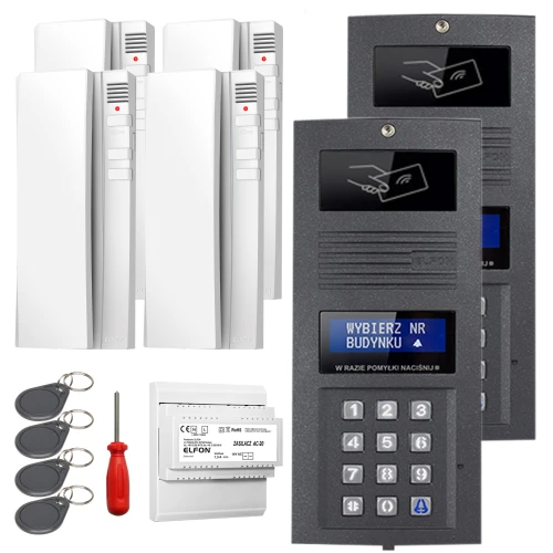 Zestaw domofonowy składający się z panelu z klawiaturą numeryczną, czterech białych unifonów, modułu elektronicznego oraz czterech breloków zbliżeniowych. W zestawie znajduje się również śrubokręt do montażu.