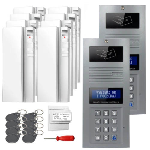 Zestaw domofonowy cyfrowy składający się z kilku białych unifonów, panelu zewnętrznego z klawiaturą numeryczną oraz breloków zbliżeniowych. W zestawie znajduje się również śrubokręt i moduł zasilający.