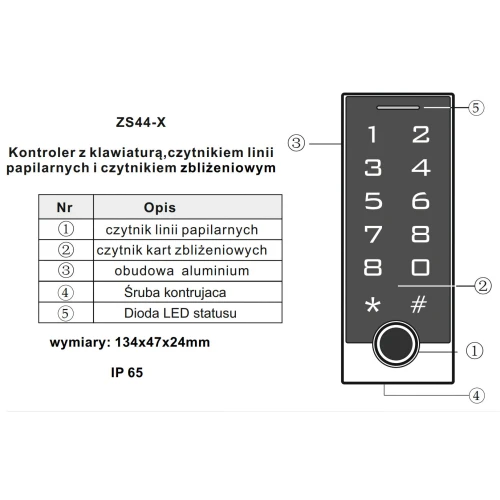 Zestaw kontroli dostępu - czytnik linii papilarnych z brelokami Vidos ZS44-X Tuya Smart Wi-Fi
