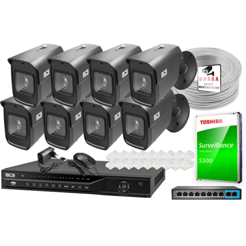 Monitoring do samodzielnego montażu - zestaw: 8 kamer BCS-TIP5501IR-V-G-VI 5MPx, rejestrator BCS-L-NVR0802-A-4KE 8MPx, dysk 1TB, skrętka