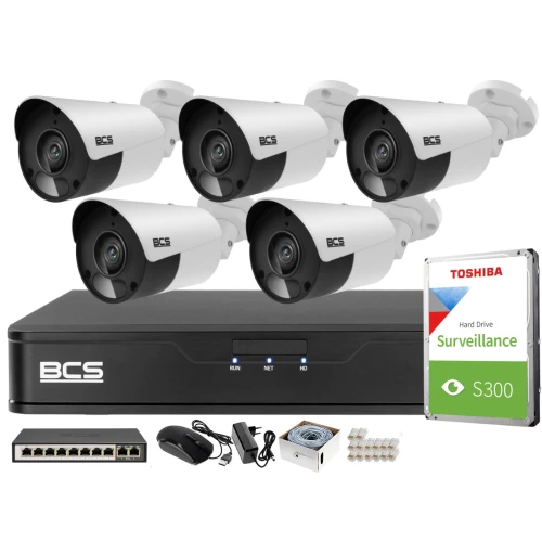 Zestaw monitoringu 5 kamer 5MPx BCS-P-TIP15FSR5 IR 30m, Rejestrator, dysk, switch PoE