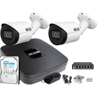Zestaw monitoringu IP tubowe zewnętrzne Rejestrator BCS-L-SNVR0401-4KE 2x Kamera BCS-TIP3501IR-E-V 1TB 