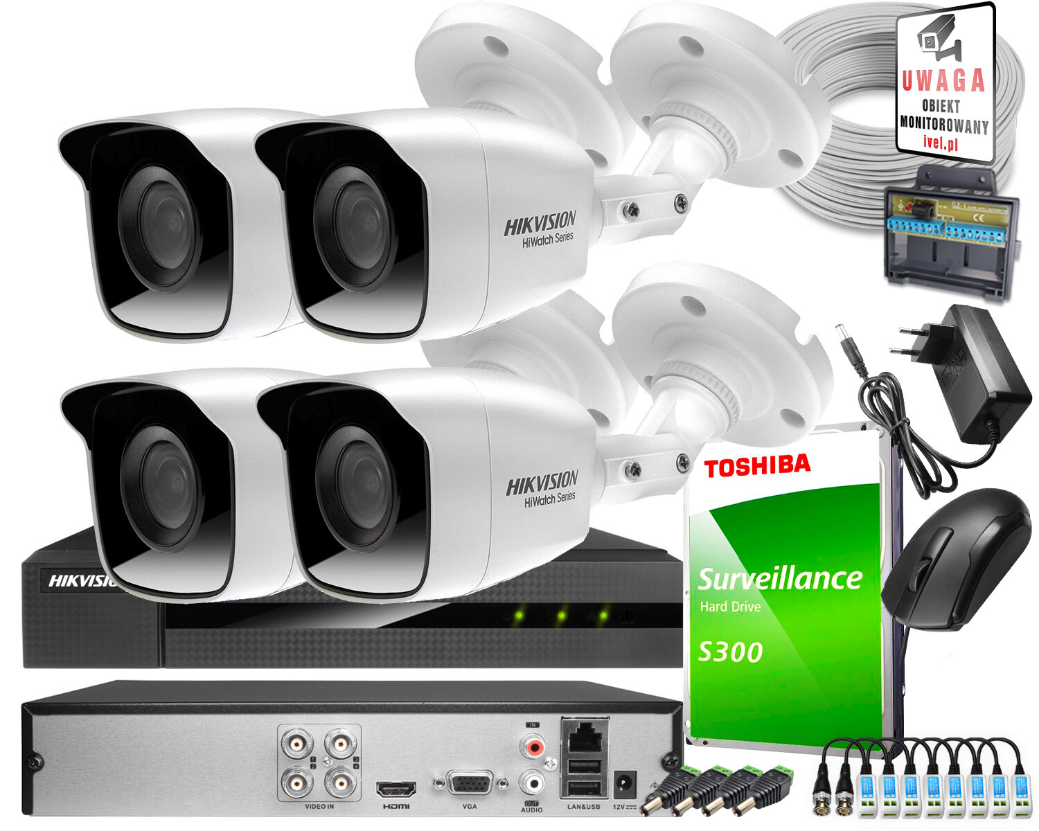Zestaw do monitoringu Hikvision Hiwatch Turbo HD, AHD, CVI HWD-6104MH-G2, 4 x HWT-B120-M, 1TB, Akcesoria