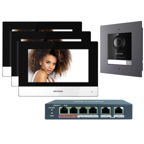 Zestaw wideodomofonowy IP Hikvision FullHD DS-KD8003-IME1/FLUSH 3x Monitor i Switch PoE