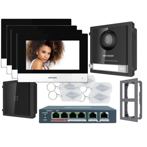Zestaw wideodomofonowy IP Hikvision FullHD z czytnikiem zbliżeniowym DS-KD8003-IME1 4x Monitor i akcesoria