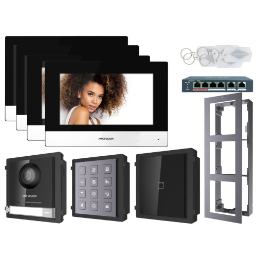 Zestaw wideodomofonowy IP Hikvision FullHD z czytnikiem zbliżeniowym DS-KD8003-IME1 4x Monitor  czytnik zbliżeniowy i szyfrator