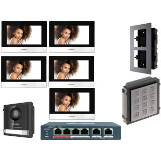 Zestaw wideodomofonowy IP Hikvision FullHD z klawiaturą DS-KD-KP z 5x Monitor i akcesoria Podtynkowy
