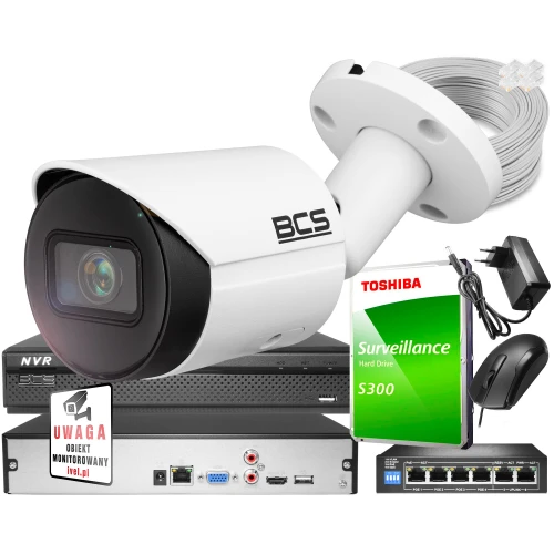 Monitoring do samodzielnego montażu - zestaw: 1 kamer BCS-TIP3501IR-E-V 5MPx, rejestrator BCS-L-NVR0401-4KE 8MPx lite, dysk 1TB, skrętka