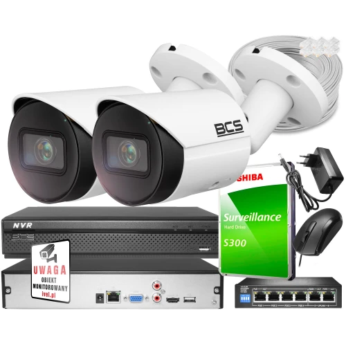 Monitoring do samodzielnego montażu - zestaw: 2 kamer BCS-TIP3501IR-E-V 5MPx, rejestrator BCS-L-NVR0401-4KE 8MPx lite, dysk 1TB, skrętka