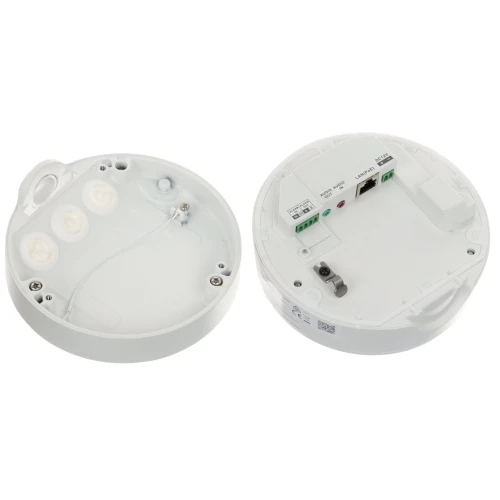 Zdjęcie przedstawia dwa białe, okrągłe elementy obudowy kamery, z widocznymi złączami i śrubami montażowymi. Jeden z elementów ma złącza LAN i zasilania, a drugi jest pusty z miejscami na montaż.