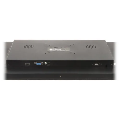 Zdjęcie przedstawia tylny panel monitora z różnymi złączami, w tym HDMI, VGA, zasilanie oraz USB. Na panelu znajdują się również dwa otwory wentylacyjne.