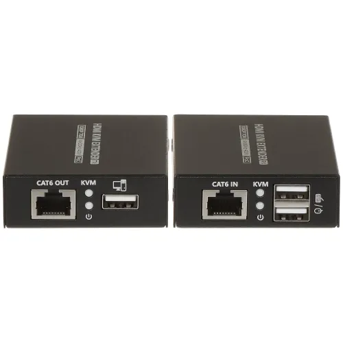 Na zdjęciu znajdują się dwa czarne urządzenia oznaczone jako nadajnik (TX) i odbiornik (RX) HDMI KVM Extender, każde wyposażone w porty USB, HDMI oraz złącza sieciowe CAT6. Urządzenia mają wyraźnie oznaczone porty i są ustawione obok siebie na białym tle.