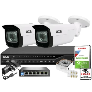 ZM13056  Zestaw monitoringu dla ochrony parkingu hali magazynu z 2x Kamera 5MP BCS-TIP5501IR-V-V + Akcesoria
