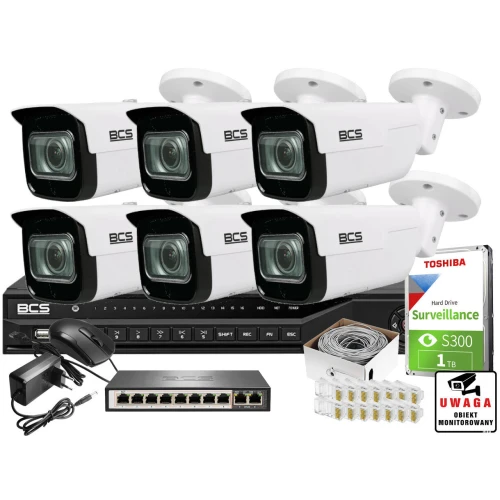 ZM13027  Zestaw monitoringu dla ochrony parkingu hali magazynu z 6x Kamera 2MP BCS-TIP5201IR-V-V + Akcesoria