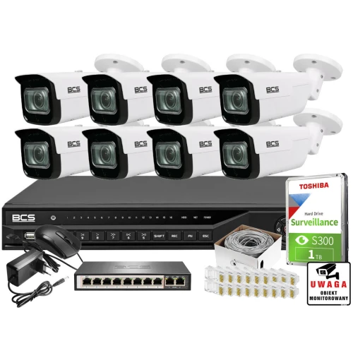 ZM13029  Zestaw monitoringu dla ochrony parkingu hali magazynu z 8x Kamera 2MP BCS-TIP5201IR-V-V + Akcesoria