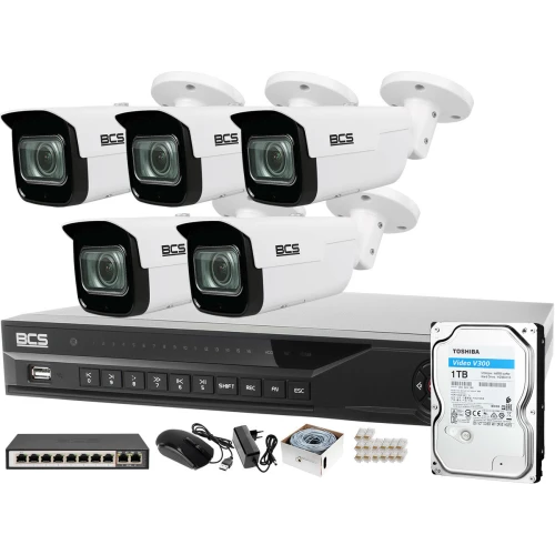 ZM13049  Zestaw monitoringu dla ochrony parkingu hali magazynu z 5x Kamera 4MP BCS-TIP5401IR-V-V + Akcesoria