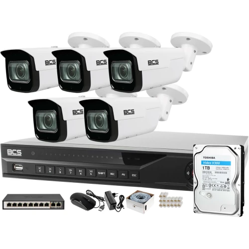 ZM13059  Zestaw monitoringu dla ochrony parkingu hali magazynu z 5x Kamera 5MP BCS-TIP5501IR-V-V + Akcesoria