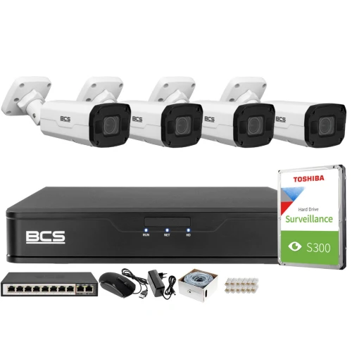 Zestaw monitoringu BCS Point Rejestrator IP BCS-P-NVR0801-4K-E-II + 4x Kamera 5MPx BCS-P-TIP55VSR5-Ai1